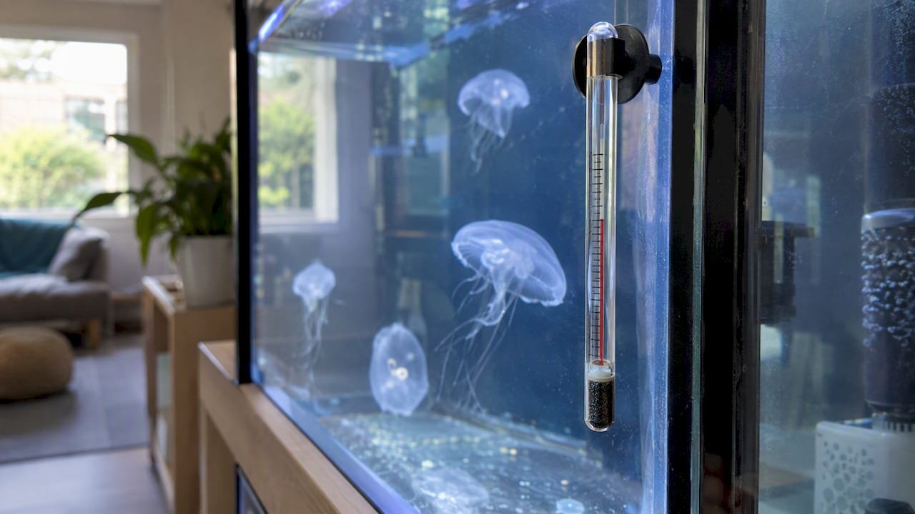 Medusas como mascota: cuidados, costes y requisitos reales 1 Termómetro colocado en el acuario junto a las medusas