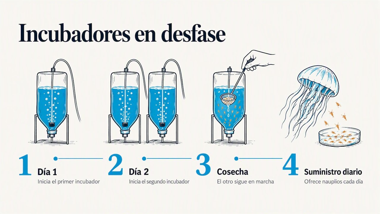 Cómo eclosionar artemia para tus medusas paso a paso 1 Dos incubadores escalonados para suministro diario